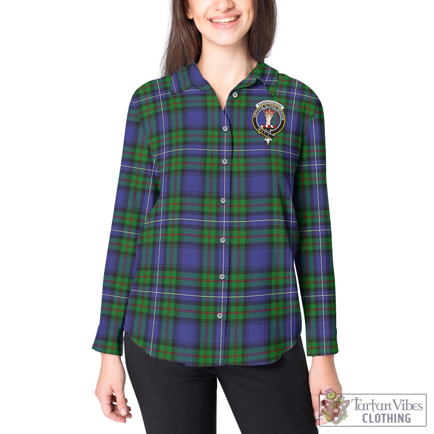 Tartan Vibes Clothing Donnachaidh Tartan Womens Casual Shirt with Family Crest