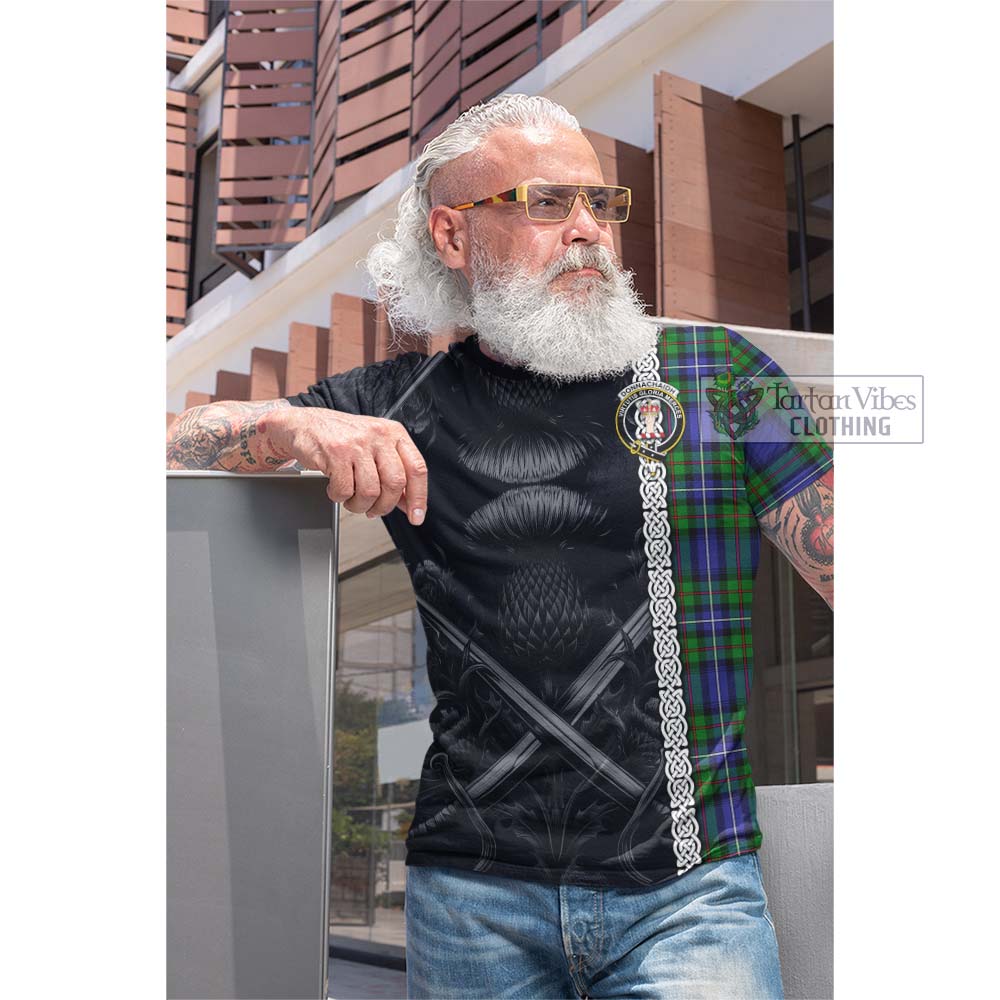 Tartan Vibes Clothing Donnachaidh Tartan Cotton T-shirt with Family Crest Cross Sword Thistle Celtic Vibes