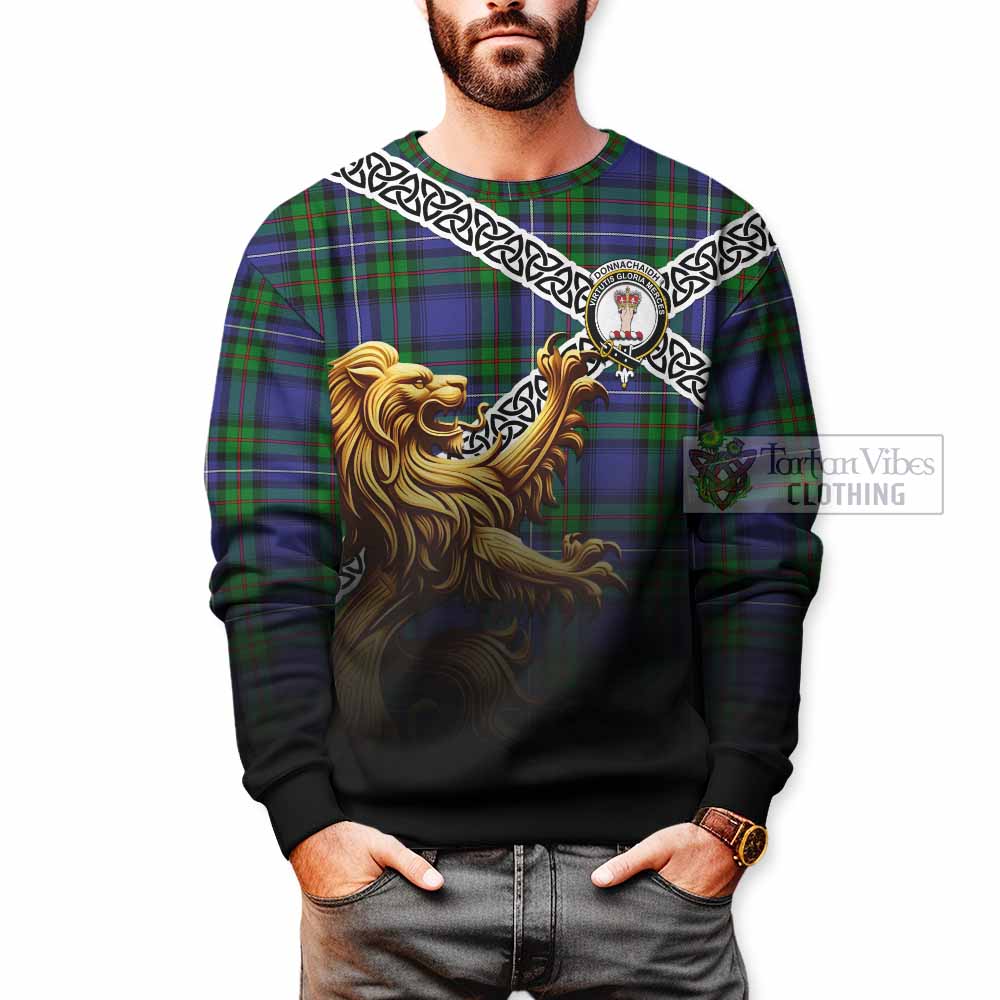 Tartan Vibes Clothing Donnachaidh Crest Tartan Sweatshirt with Golden Lion Emblem Celtic Style