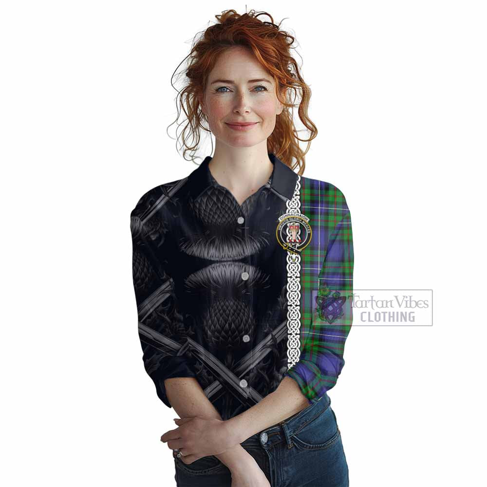 Tartan Vibes Clothing Donnachaidh Tartan Women's Casual Shirt with Family Crest Cross Sword Thistle Celtic Vibes