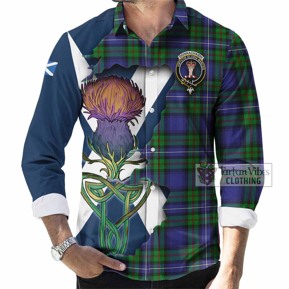 Tartan Vibes Clothing Donnachaidh Tartan Family Crest Long Sleeve Button Shirt Scottish Thistle Celtic Inspired