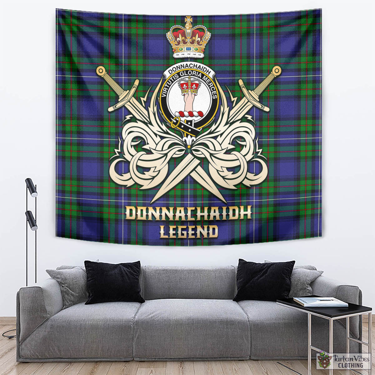 Tartan Vibes Clothing Donnachaidh Tartan Tapestry with Clan Crest and the Golden Sword of Courageous Legacy