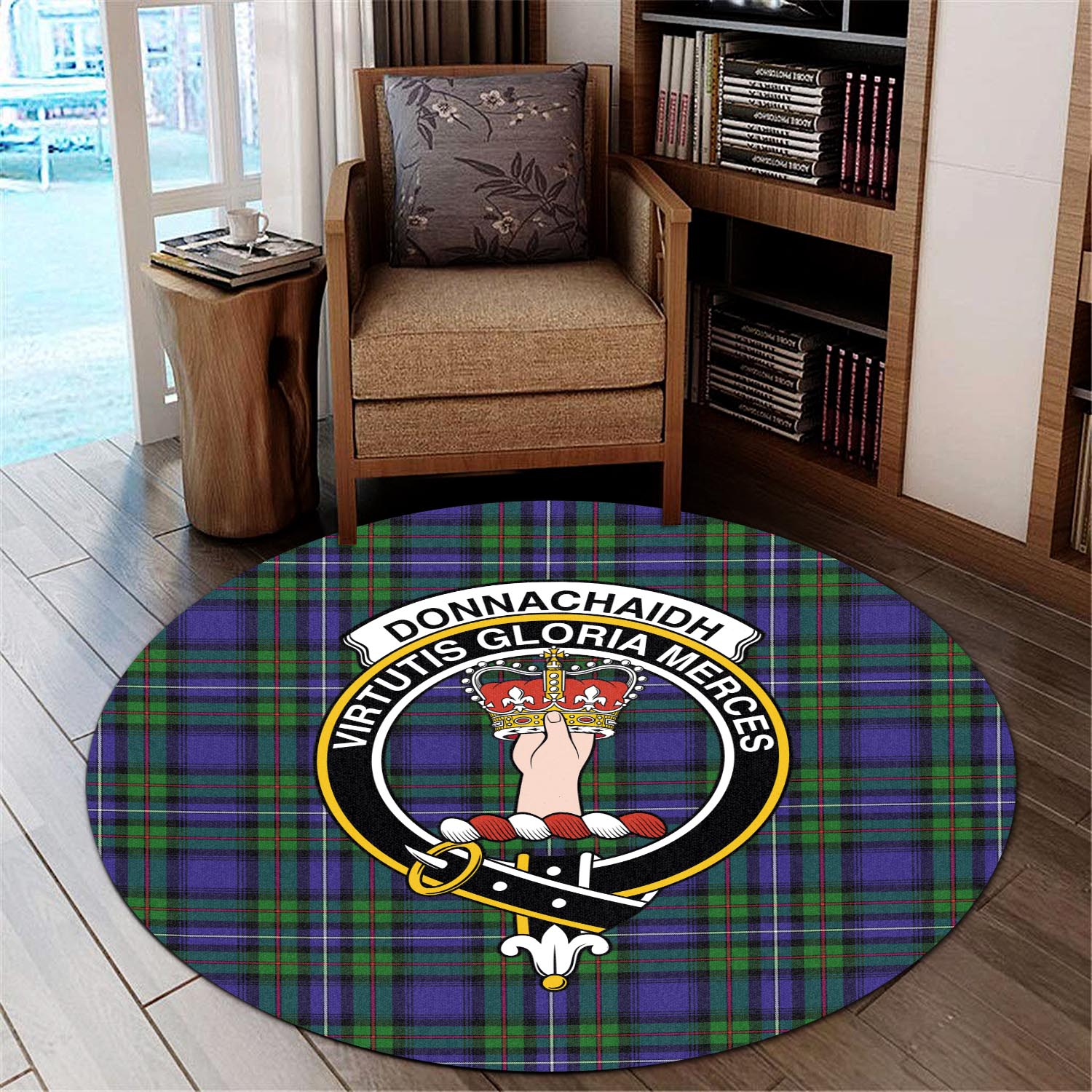 Donnachaidh Tartan Round Rug with Family Crest - Tartanvibesclothing