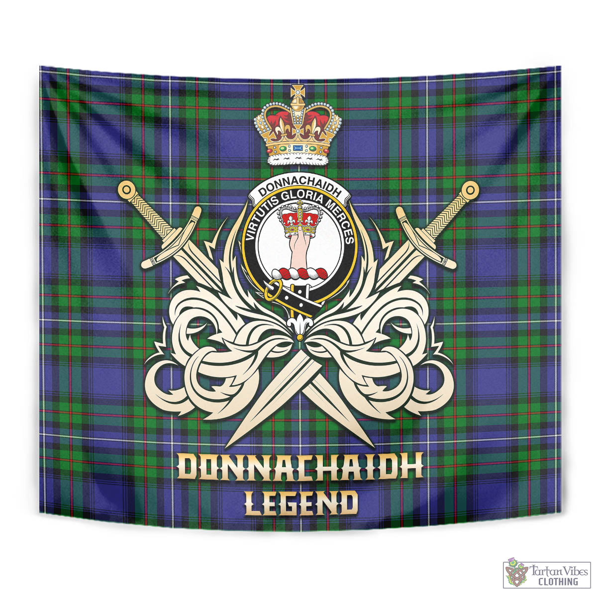 Tartan Vibes Clothing Donnachaidh Tartan Tapestry with Clan Crest and the Golden Sword of Courageous Legacy