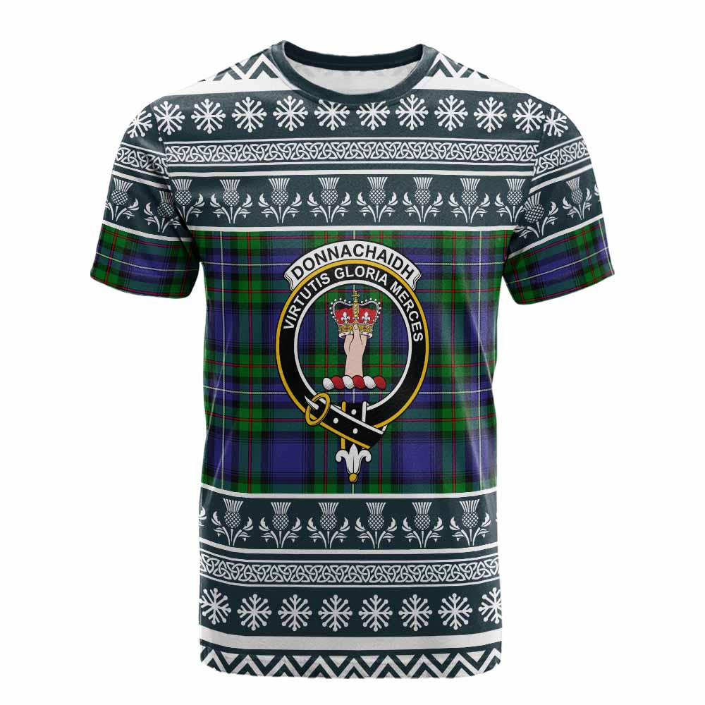 Donnachaidh Clan Tartan Christmas Cotton T-shirt with Family Crest - Tartan Vibes Clothing
