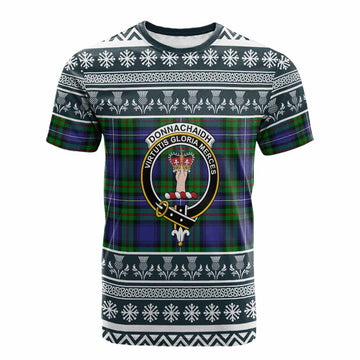 Donnachaidh Clan Tartan Christmas Cotton T-shirt with Family Crest