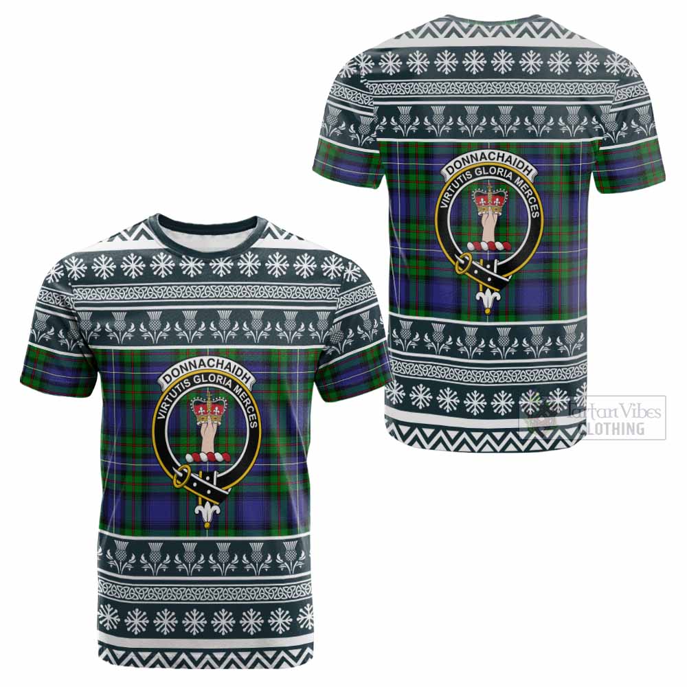 Donnachaidh Clan Tartan Christmas Cotton T-shirt with Family Crest - Tartan Vibes Clothing