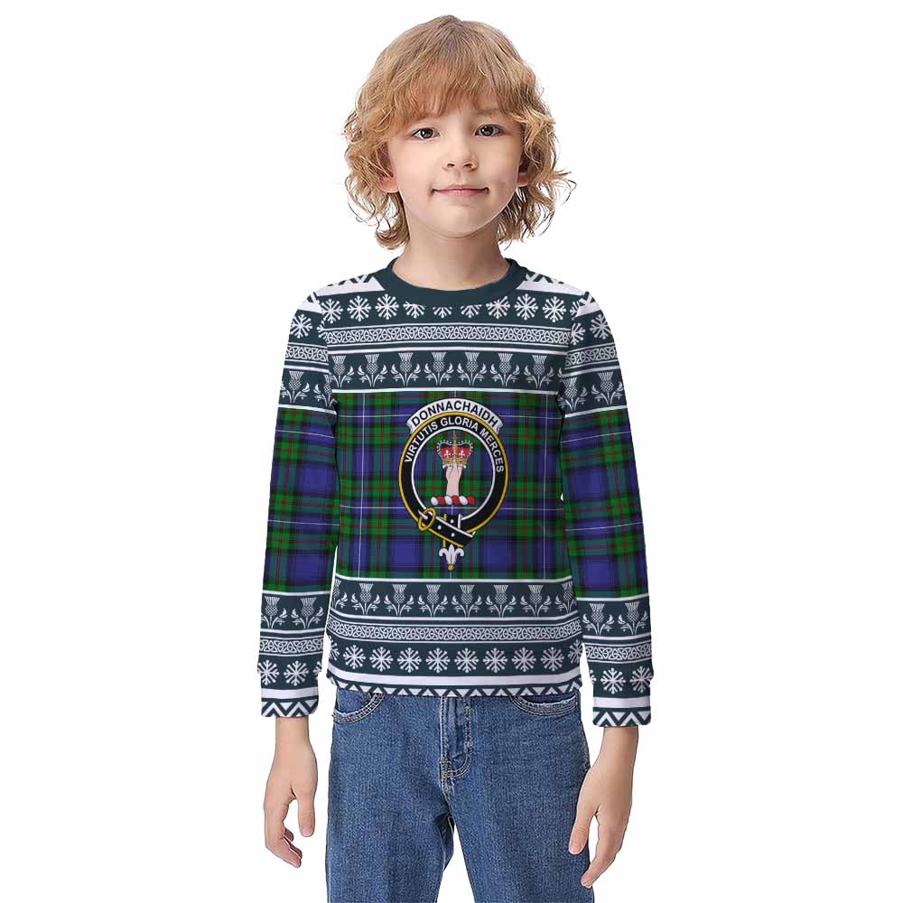 Donnachaidh Clan Tartan Christmas Kid Ugly Sweatshirt with Family Crest - Tartan Vibes Clothing