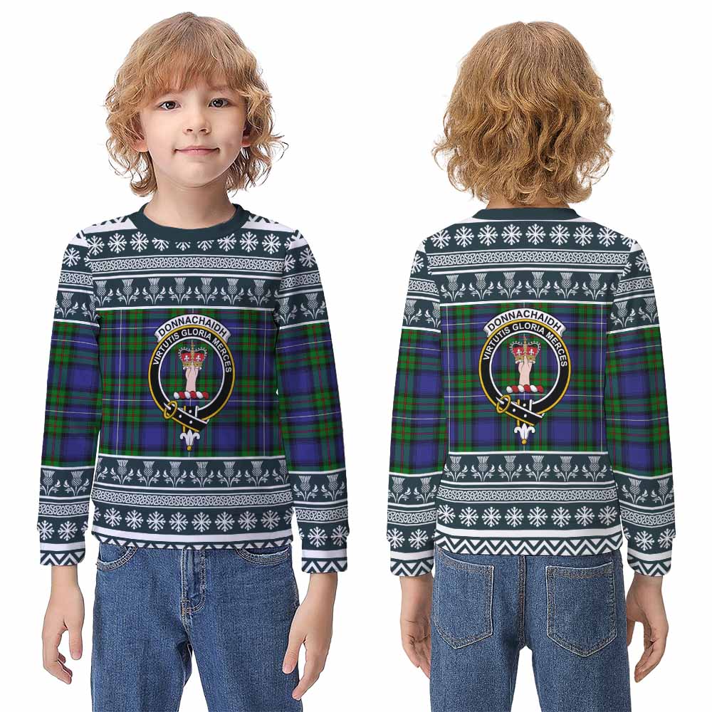 Donnachaidh Clan Tartan Christmas Kid Ugly Sweatshirt with Family Crest - Tartan Vibes Clothing