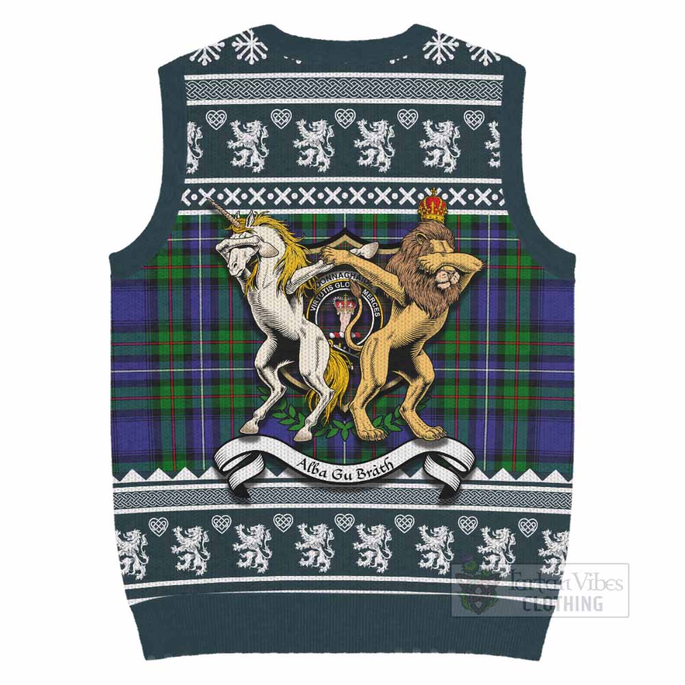 Donnachaidh Clan Tartan Crest Christmas Knitted V-Neck Vest Coat of Arms Funny Style - Tartan Vibes Clothing
