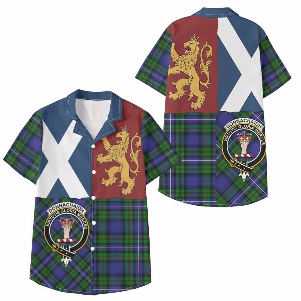 Donnachaidh Crest Tartan Kid Hawaiian Shirt with Lion Rampant Saltire Style - Tartan Vibes Clothing