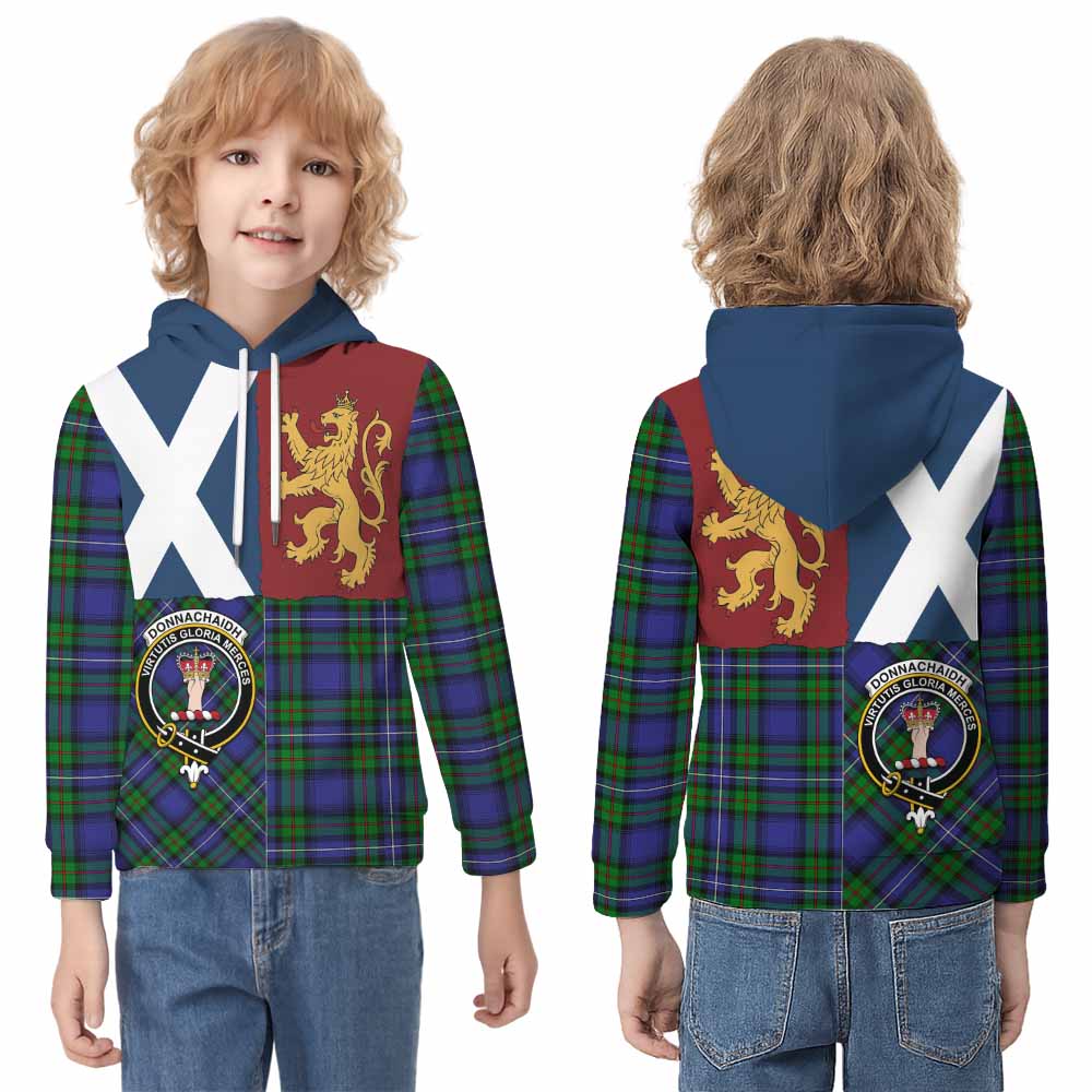 Donnachaidh Crest Tartan Kid Hoodie with Lion Rampant Saltire Style - Tartan Vibes Clothing