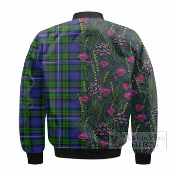 Donnachaidh Family Crest Tartan Bomber Jacket Scottish Thistle Flower Pattern Half Style
