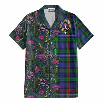 Donnachaidh Family Crest Tartan Cotton Hawaiian Shirt Scottish Thistle Flower Pattern Half Style