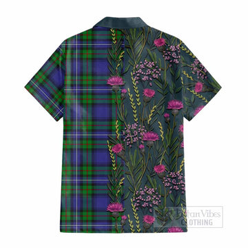 Donnachaidh Family Crest Tartan Cotton Hawaiian Shirt Scottish Thistle Flower Pattern Half Style