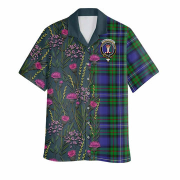 Donnachaidh Family Crest Tartan Hawaiian Shirt Scottish Thistle Flower Pattern Half Style