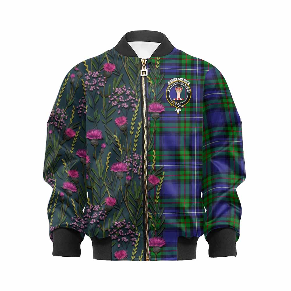 Donnachaidh Family Crest Tartan Kid Bomber Jacket Scottish Thistle Flower Pattern Half Style - Tartan Vibes Clothing