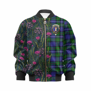 Donnachaidh Family Crest Tartan Kid Bomber Jacket Scottish Thistle Flower Pattern Half Style