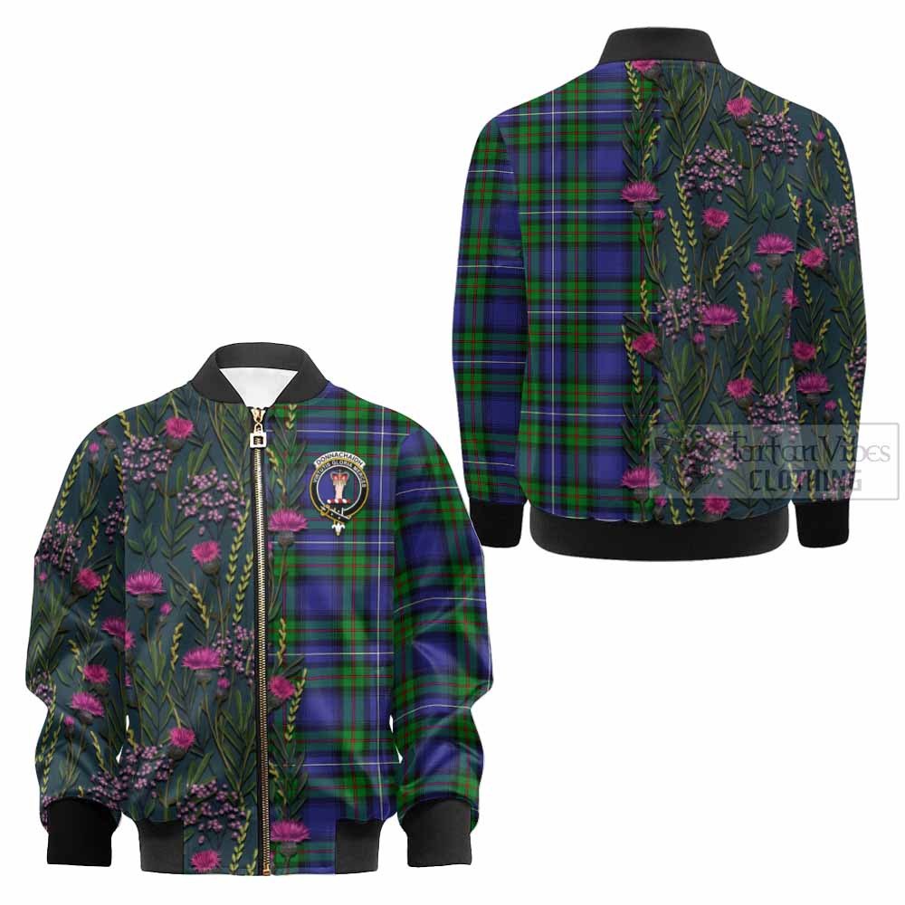 Donnachaidh Family Crest Tartan Kid Bomber Jacket Scottish Thistle Flower Pattern Half Style - Tartan Vibes Clothing