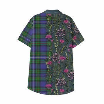 Donnachaidh Family Crest Tartan Kid Hawaiian Shirt Scottish Thistle Flower Pattern Half Style