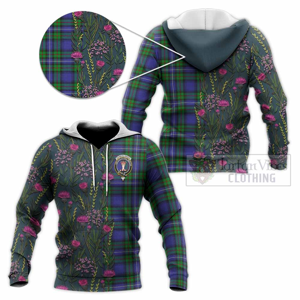 Donnachaidh Family Crest Tartan Knitted Hoodie Scottish Thistle Flower Pattern Half Style - Tartan Vibes Clothing