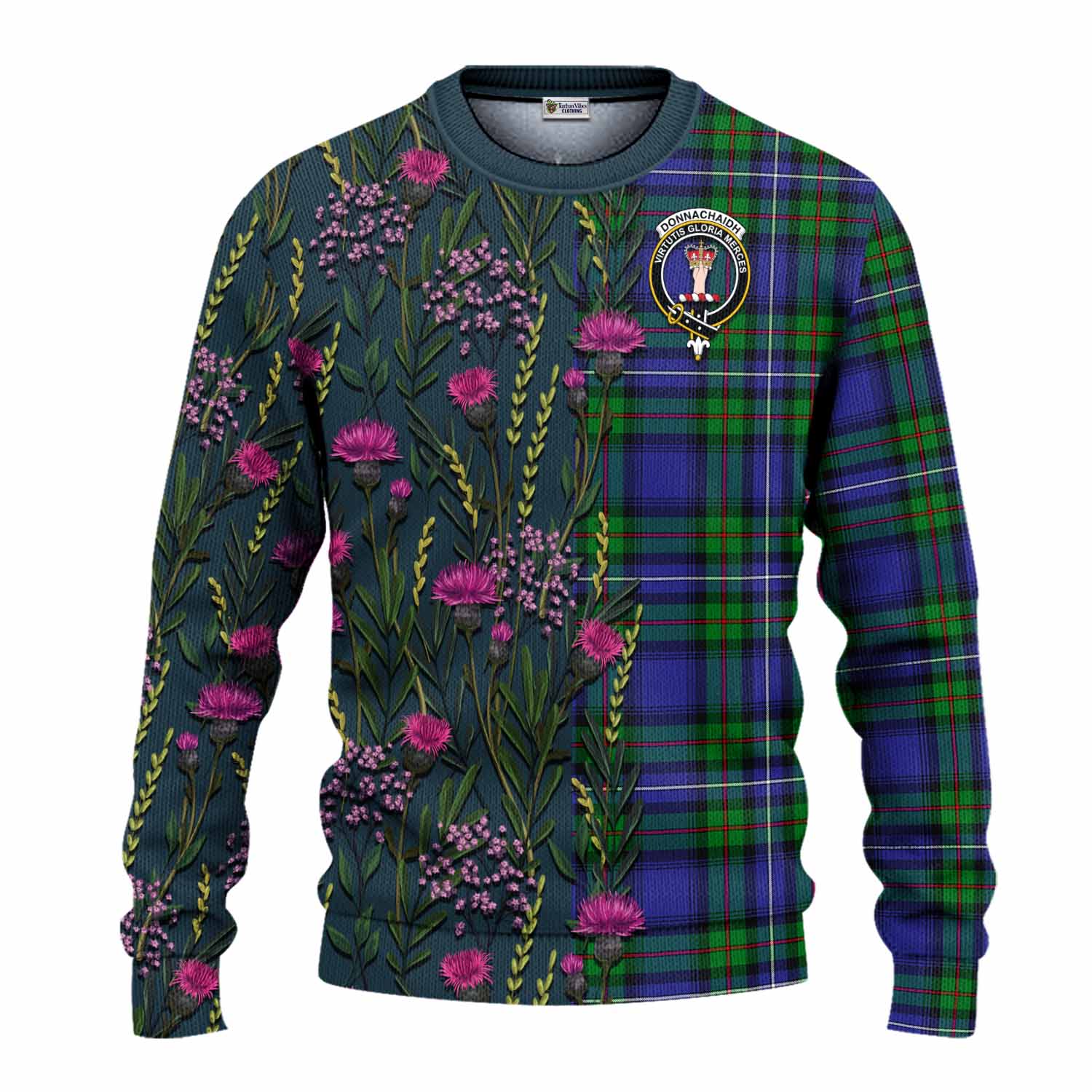 Donnachaidh Family Crest Tartan Knitted Sweater Scottish Thistle Flower Pattern Half Style - Tartan Vibes Clothing