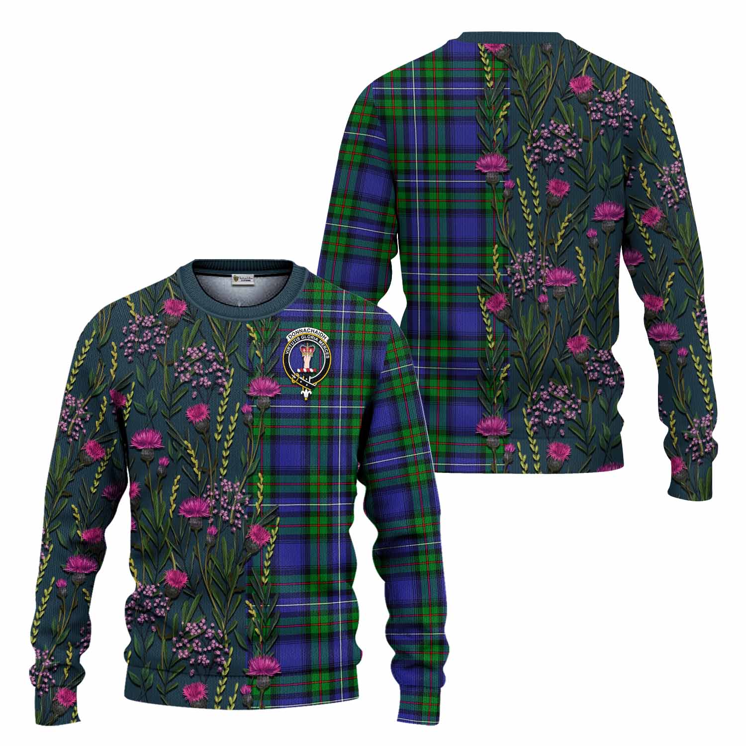 Donnachaidh Family Crest Tartan Knitted Sweater Scottish Thistle Flower Pattern Half Style - Tartan Vibes Clothing