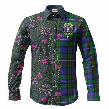 Donnachaidh Family Crest Tartan Long Sleeve Button Shirts Scottish Thistle Flower Pattern Half Style