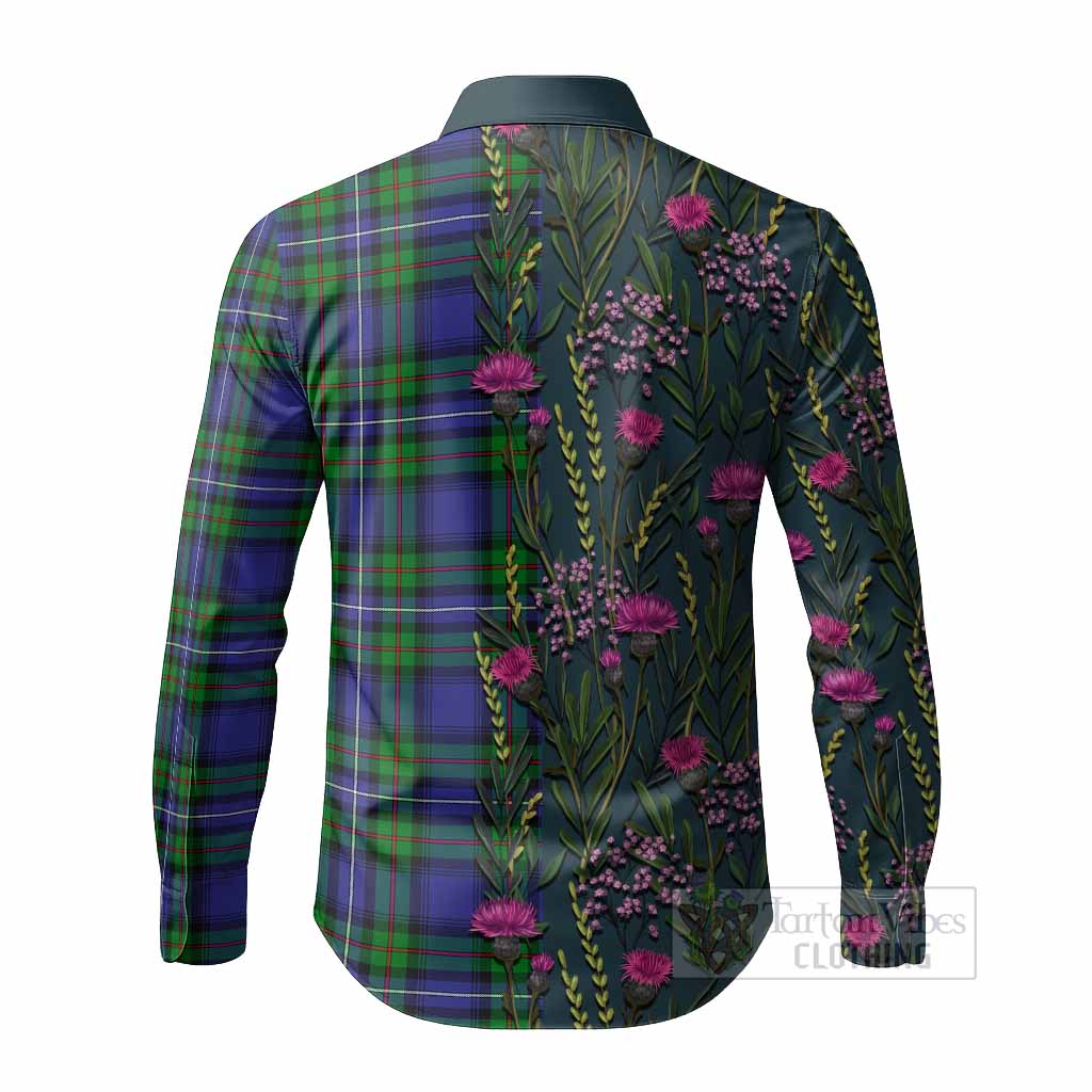 Donnachaidh Family Crest Tartan Long Sleeve Button Shirts Scottish Thistle Flower Pattern Half Style - Tartan Vibes Clothing