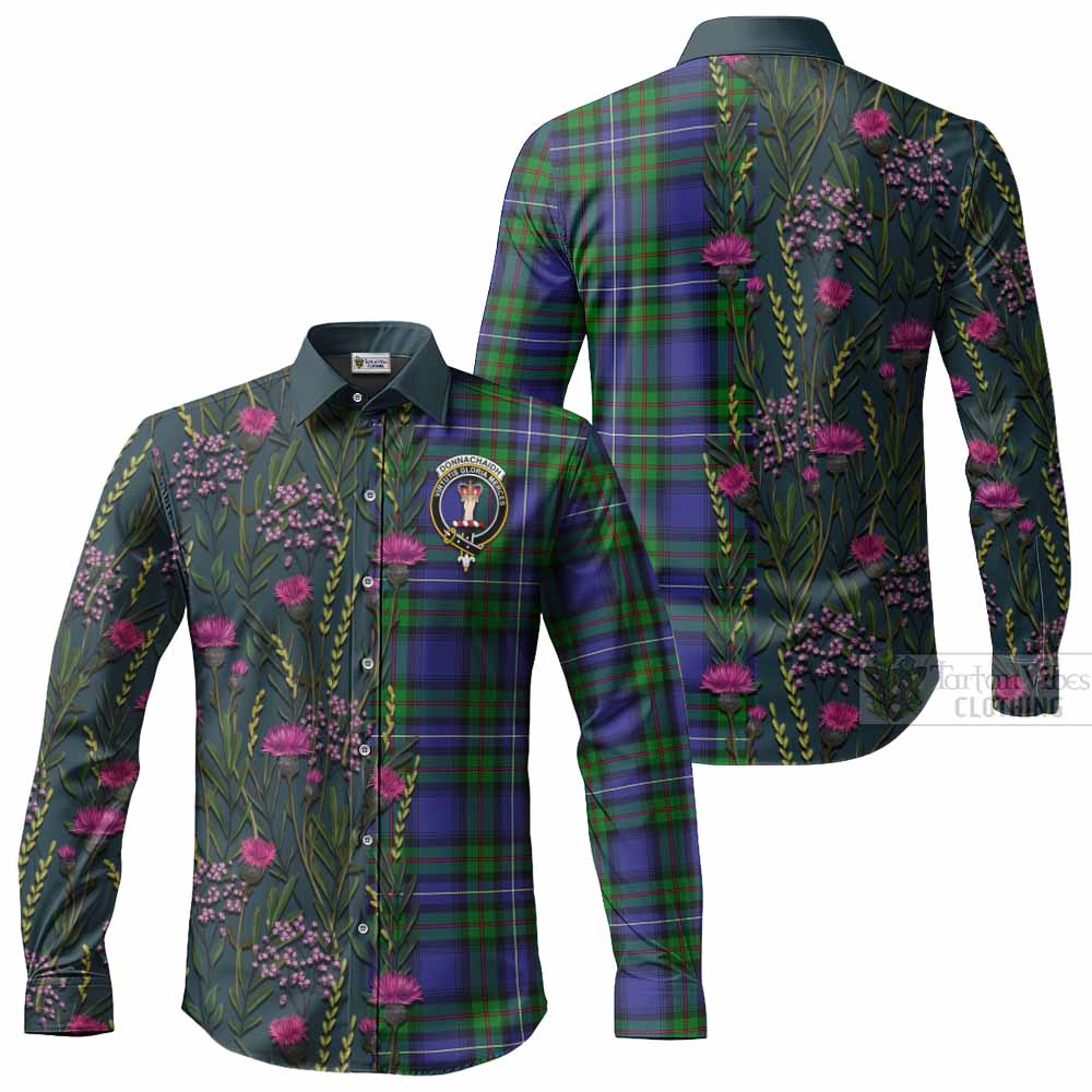 Donnachaidh Family Crest Tartan Long Sleeve Button Shirts Scottish Thistle Flower Pattern Half Style - Tartan Vibes Clothing