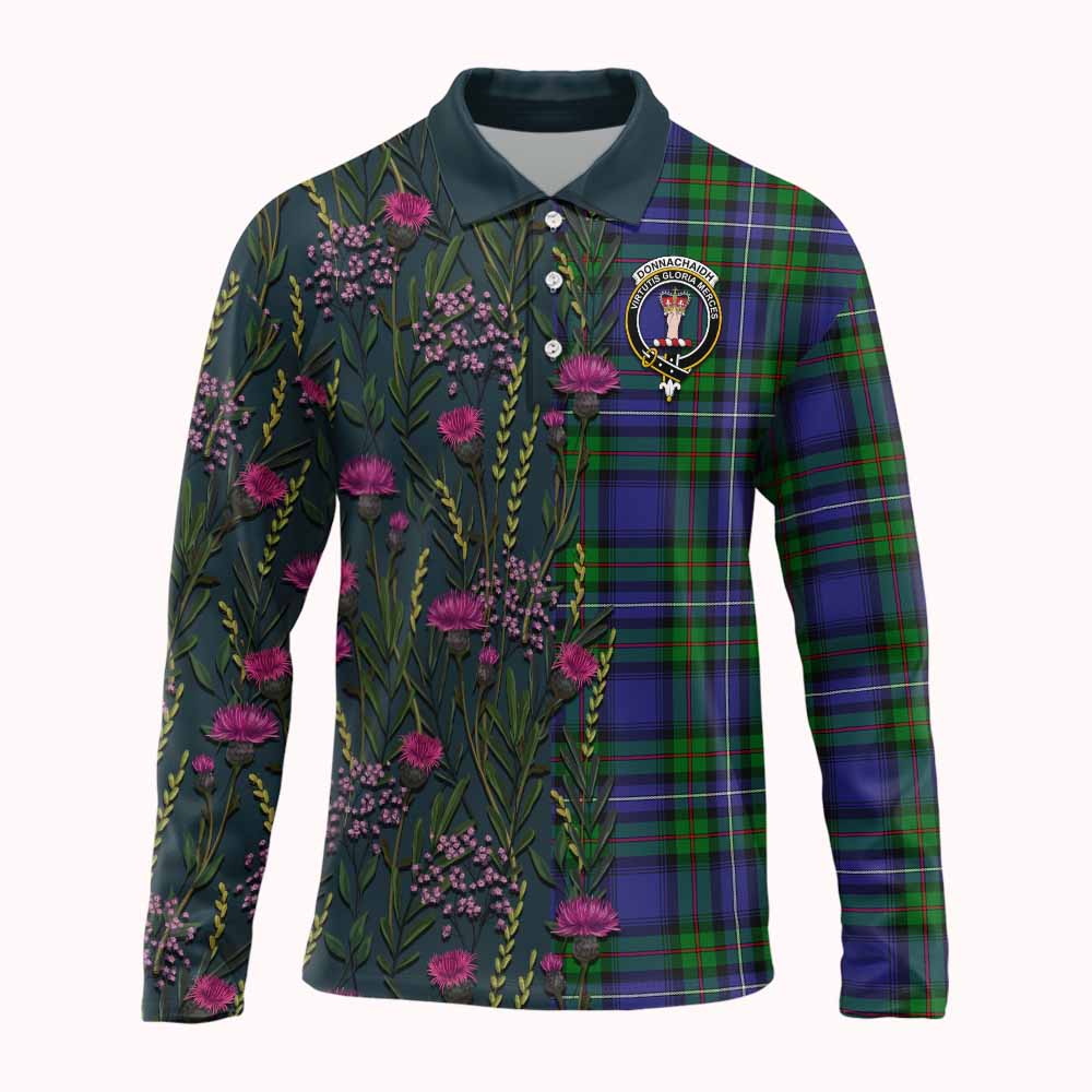 Donnachaidh Family Crest Tartan Long Sleeve Polo Shirt Scottish Thistle Flower Pattern Half Style - Tartan Vibes Clothing