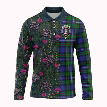 Donnachaidh Family Crest Tartan Long Sleeve Polo Shirt Scottish Thistle Flower Pattern Half Style