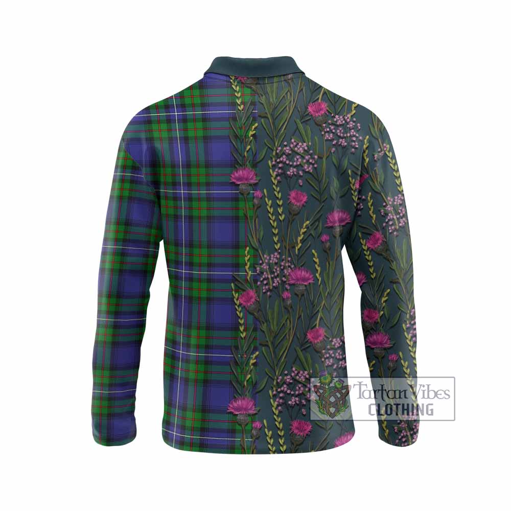 Donnachaidh Family Crest Tartan Long Sleeve Polo Shirt Scottish Thistle Flower Pattern Half Style - Tartan Vibes Clothing