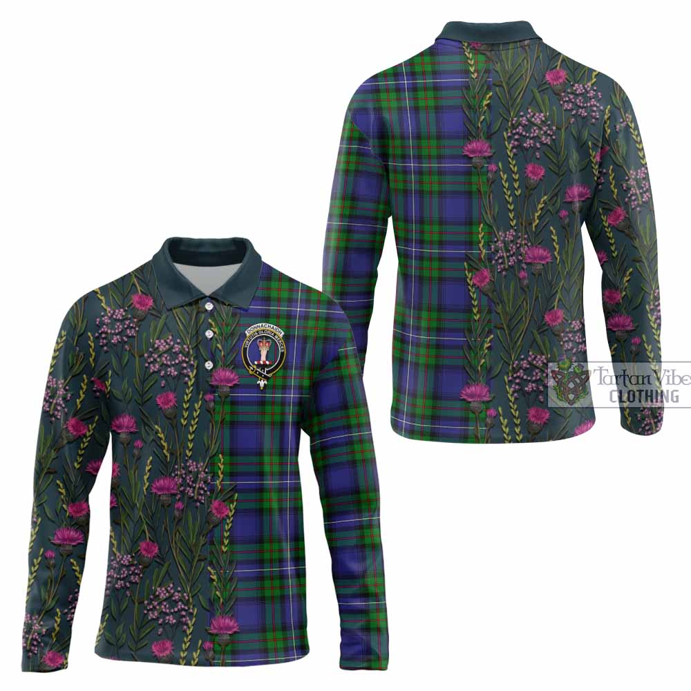 Donnachaidh Family Crest Tartan Long Sleeve Polo Shirt Scottish Thistle Flower Pattern Half Style - Tartan Vibes Clothing