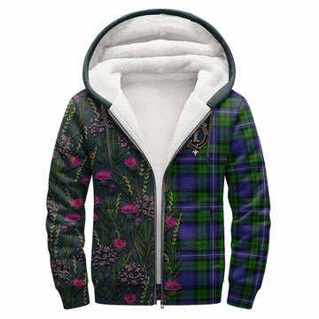 Donnachaidh Family Crest Tartan Sherpa Hoodie Scottish Thistle Flower Pattern Half Style