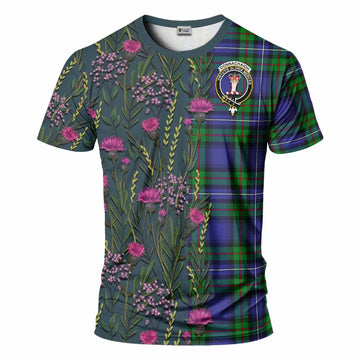 Donnachaidh Family Crest Tartan T-Shirt Scottish Thistle Flower Pattern Half Style - Tartan Vibes Clothing