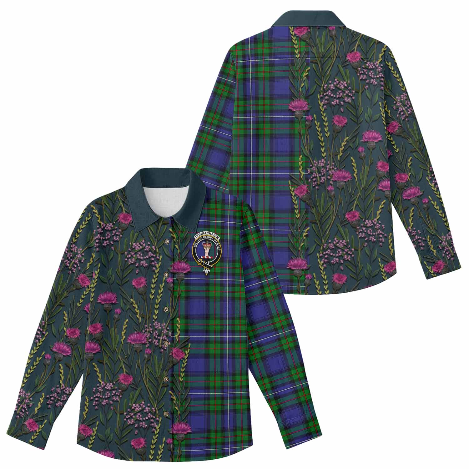 Donnachaidh Family Crest Tartan Women Casual Shirt Scottish Thistle Flower Pattern Half Style - Tartan Vibes Clothing
