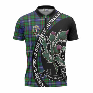 Donnachaidh Family Crest Tartan Zipper Polo Shirt Alba Thistle Inspired