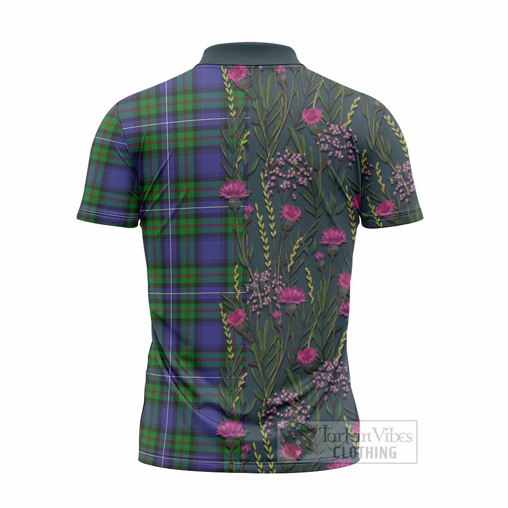 Donnachaidh Family Crest Tartan Zipper Polo Shirt Scottish Thistle Flower Pattern Half Style - Tartan Vibes Clothing