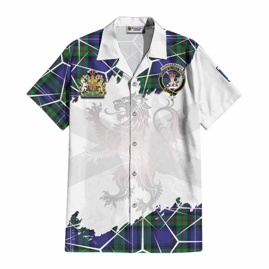 Donnachaidh Tartan Cotton Hawaiian Shirt with Family Crest and Lion Rampant Grunge Style