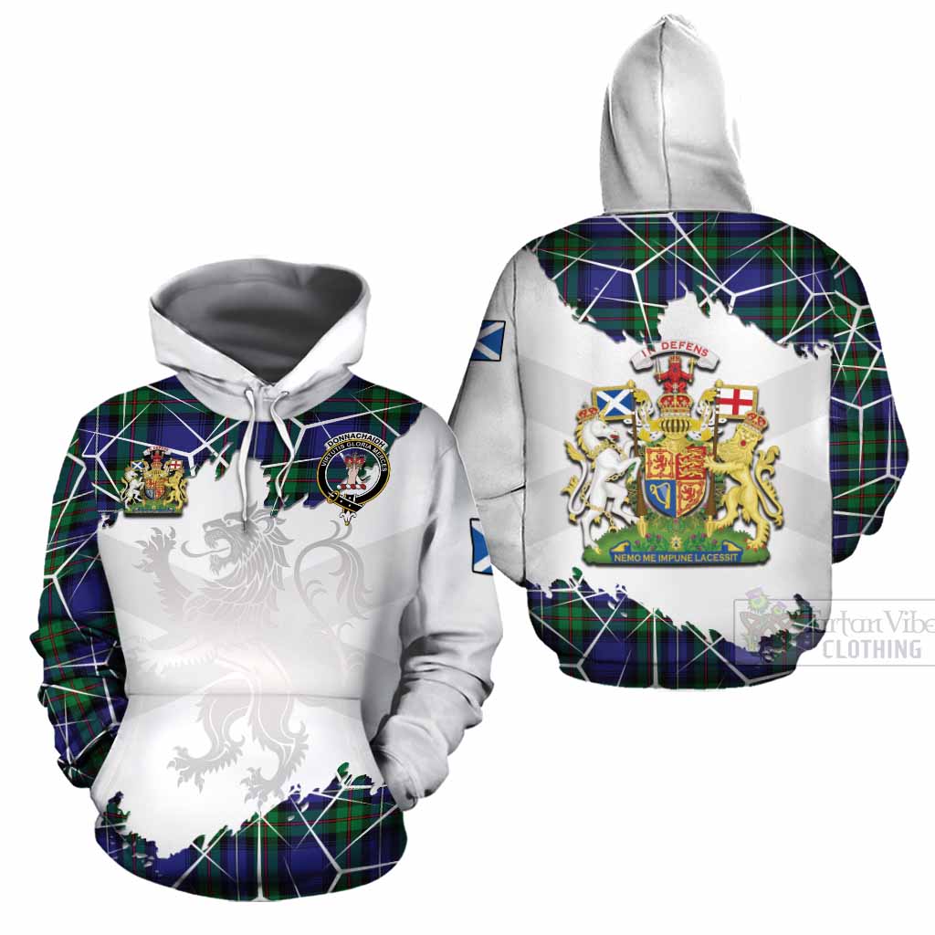 Donnachaidh Tartan Cotton Hoodie with Family Crest and Lion Rampant Grunge Style