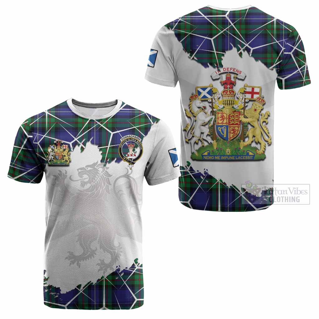 Donnachaidh Tartan Cotton T-shirt with Family Crest and Lion Rampant Grunge Style