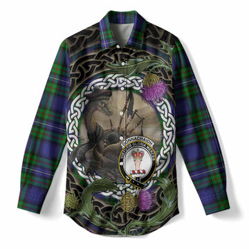 Donnachaidh Tartan Crest Bagpipe Nessie Women Casual Shirt Scottish Loch Ness Monster Celtic Thistle
