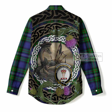 Donnachaidh Tartan Crest Bagpipe Nessie Women Casual Shirt Scottish Loch Ness Monster Celtic Thistle