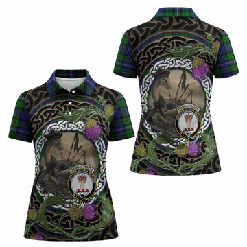 Donnachaidh Tartan Crest Bagpipe Nessie Women Polo Shirt Scottish Loch Ness Monster Celtic Thistle
