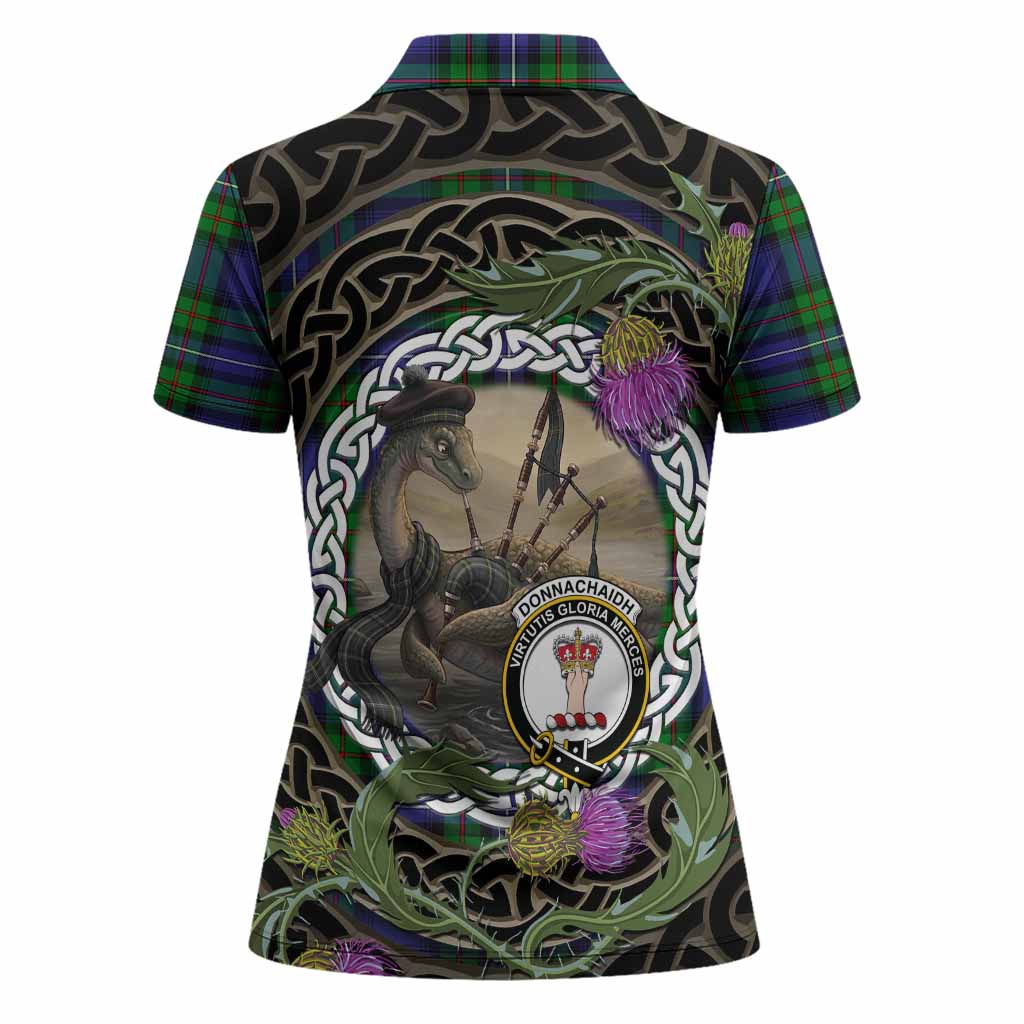Donnachaidh Tartan Crest Bagpipe Nessie Women Polo Shirt Scottish Loch Ness Monster Celtic Thistle