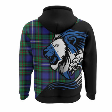 Donnachaidh Tartan Crest Hoodie Scottish Golden Lions Wave Flow