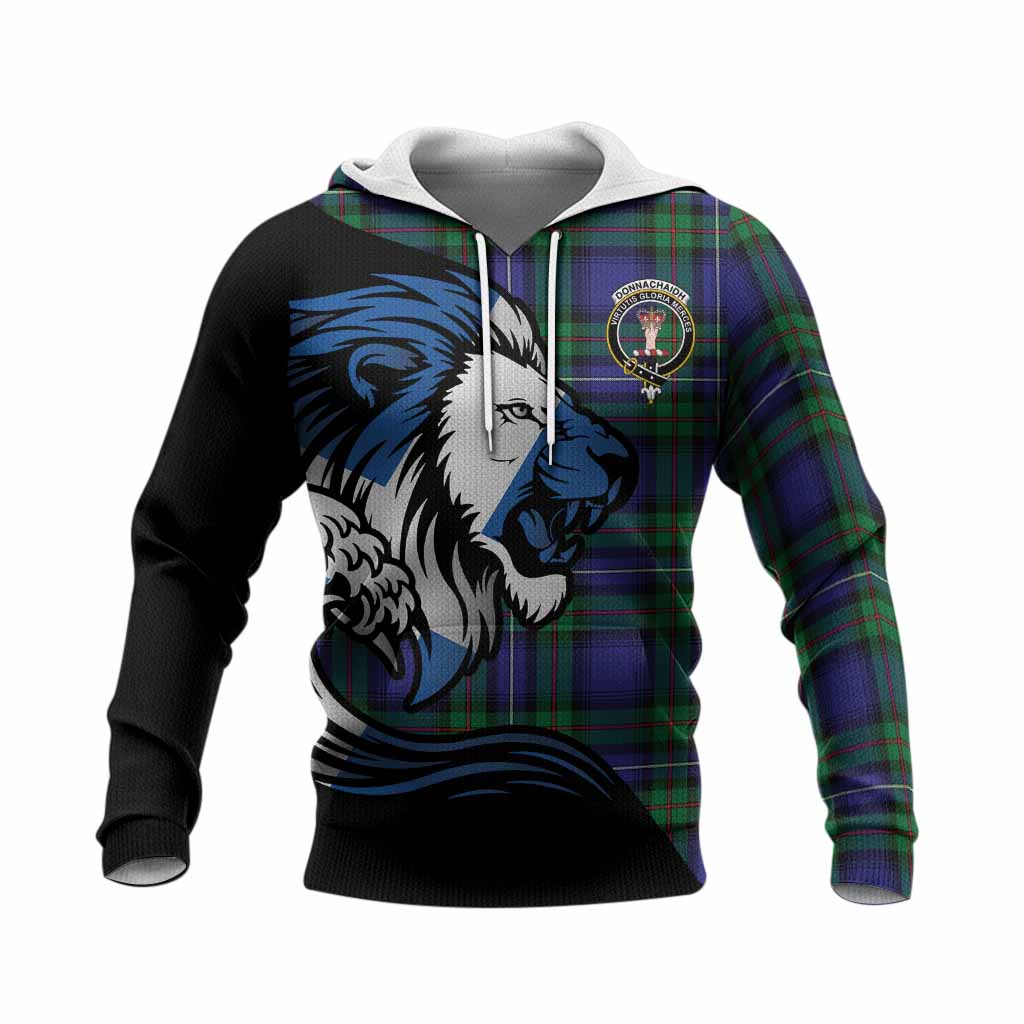 Donnachaidh Tartan Crest Knitted Hoodie Scottish Golden Lions Wave Flow