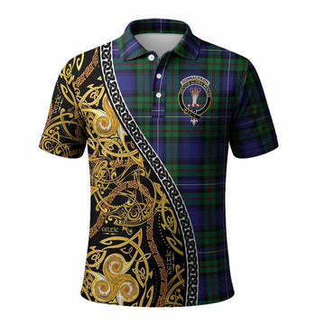Donnachaidh Tartan Crest Polo Shirt Celtic Knot and Triple Trickle Spiral Symbols