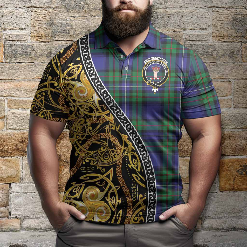 Donnachaidh Tartan Crest Polo Shirt Celtic Knot and Triple Trickle Spiral Symbols